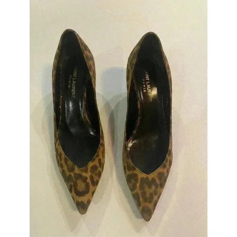 YSL Yves Saint Laurent Leopard Kitten Heels Pumps 36.5 6.5 Charlotte Black Tan - Picture 4 of 13